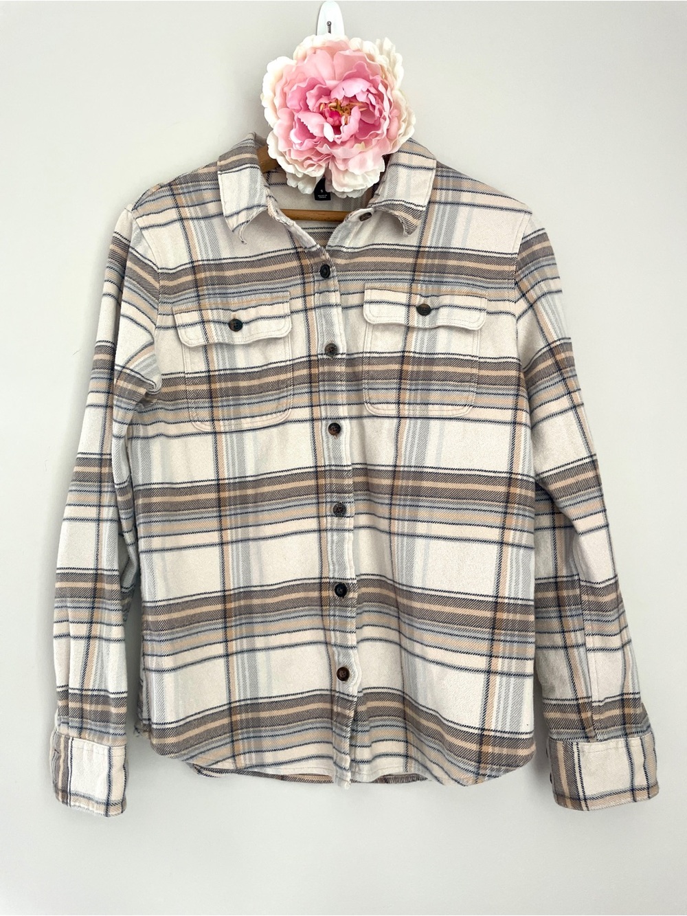 Patagonia Plaid Organic Cotton Fjord Thick Flannel Shirt Cream Brown Blue Small